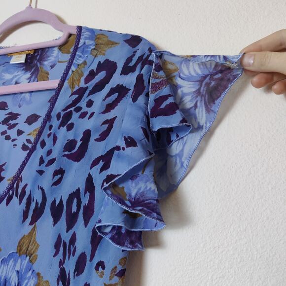 Y2K Sensara Purple Floral Flouncy Flutter Dress Large Forest Fairy Semi Sheer - Picture 4 of 11